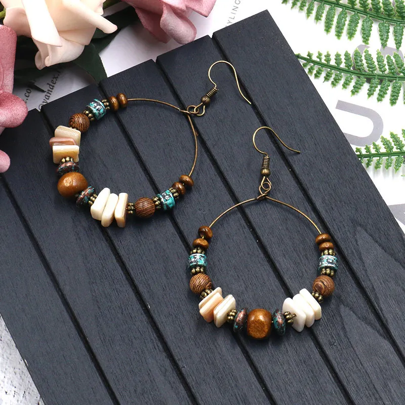 

Bohemian crystal earrings for women Ethnic big circle round hollow tassel earring Vintage metal wooden beads earing jewelry gift