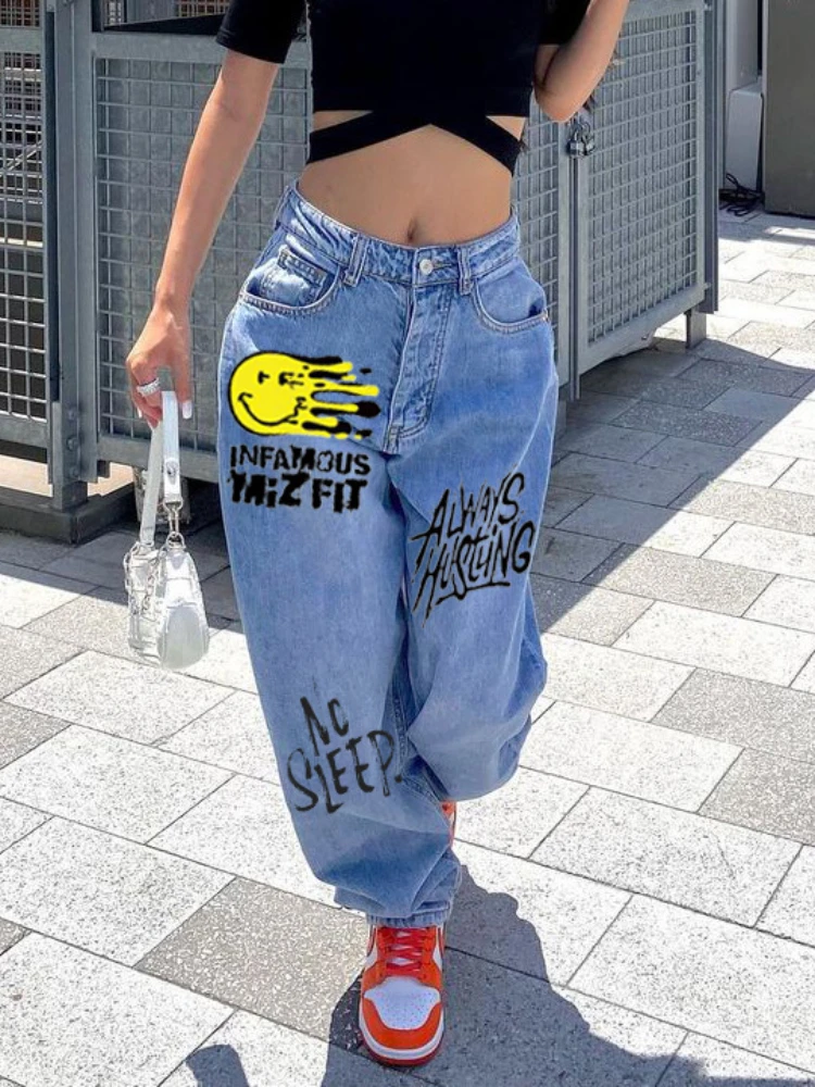 

Smile Face Letter Print Baggy Jeans High Waist Wide Leg Pants for Women y2k Streetwear Long Denim Trousers 2023 Harajuku