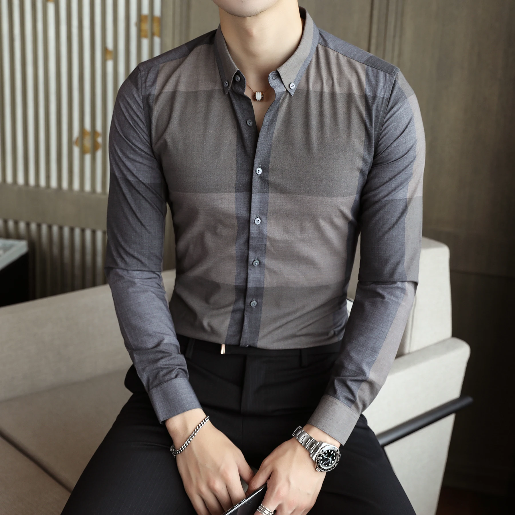 

Mens Long Sleeve Plaid Shirts Men Clothing Simple Slim Fit Business Formal Wear Men's Social Shirt Dress Casual Chemise Homme