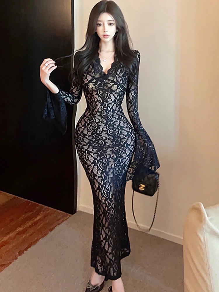 QAJAREL Черное кружевное платье макси