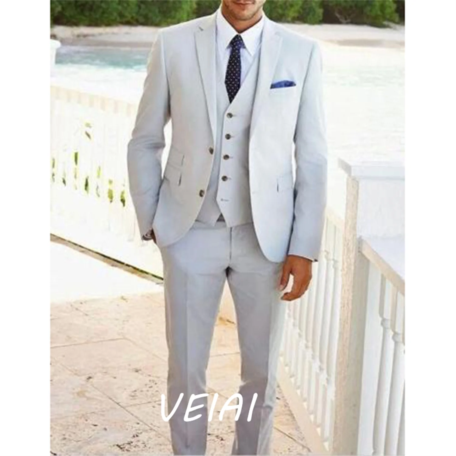 

3 Piece Business Working Men Suits Slim Fit Light Gray Gentlemen Blazer Wedding Tuxedos ( Jacket+Pant+Vest ) Traje De Novio