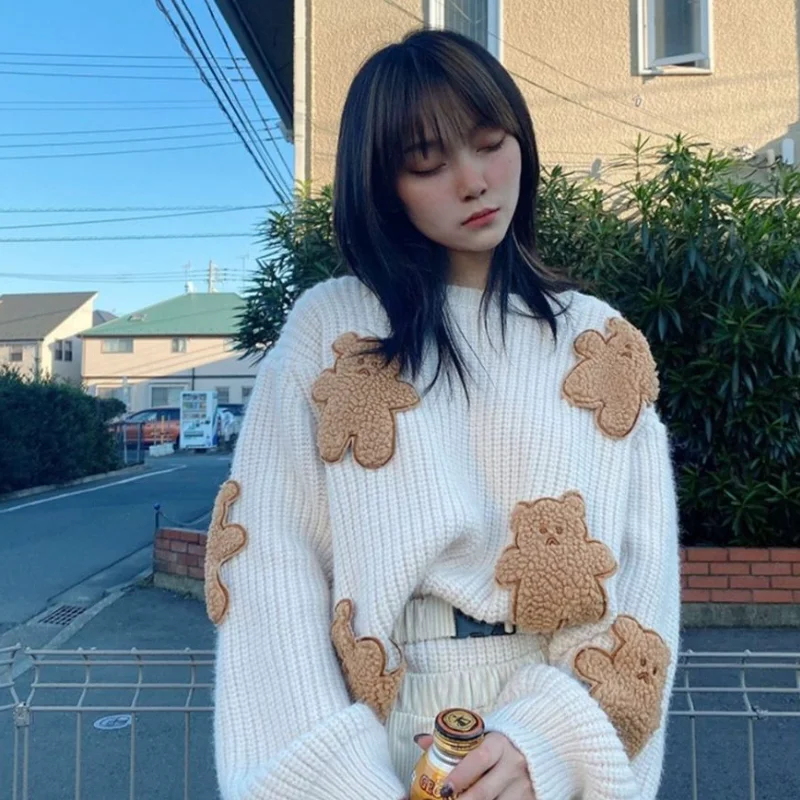 Suéter suelto coreano para mujer, jerséis Kawaii con dibujos animados, suéteres de punto japoneses para mujer, Tops suaves de manga larga para invierno