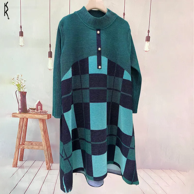 

Осень 2022 Новинка плиссированное платье Модная элегантная женская клетчатая юбка средней длины с рукавами в семи точек свободная Высококач...