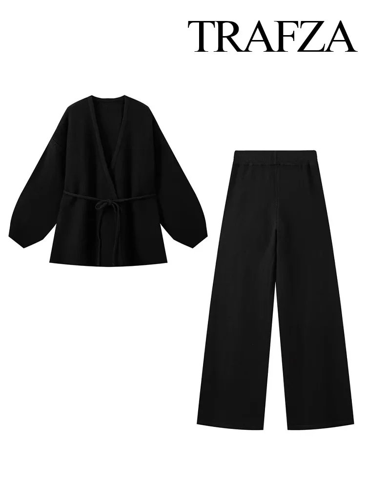 Женский осенний вязаный комплект из 2 предметов топ на шнуровке с V-образным