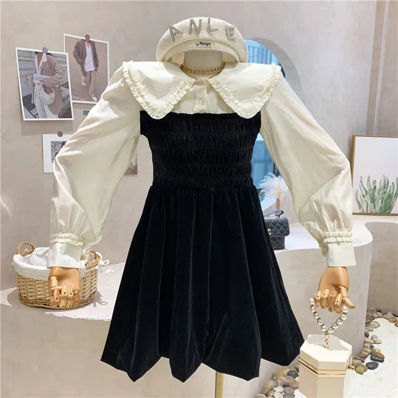 

Niche Design New Women's Clothing 2022 Spring Fashion Temperament Loose Ruffled Lapel Shirt Stitched Velvet Dress