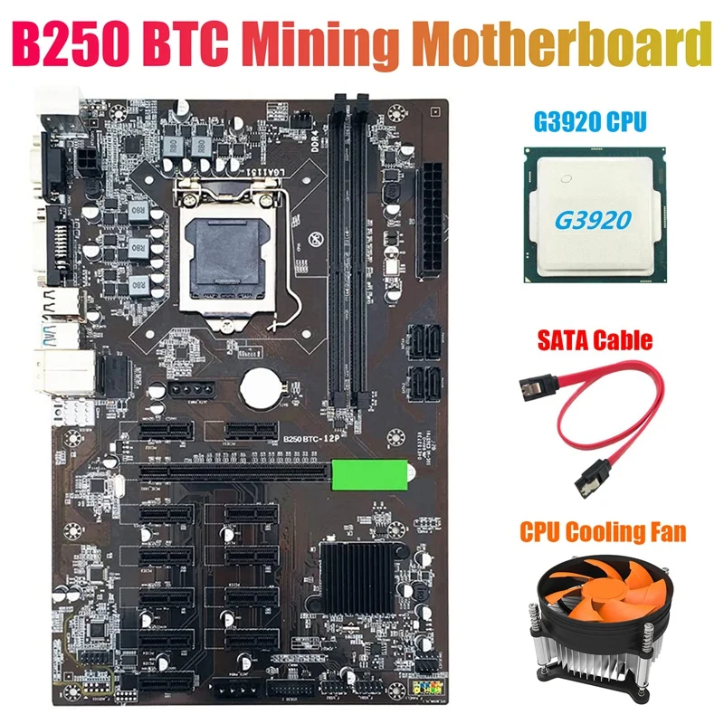 

B250 BTC Mining Motherboard with G3920 CPU+Fan+SATA Cable 12XGraphics Card Slot LGA 1151 DDR4 USB3.0 for BTC Miner