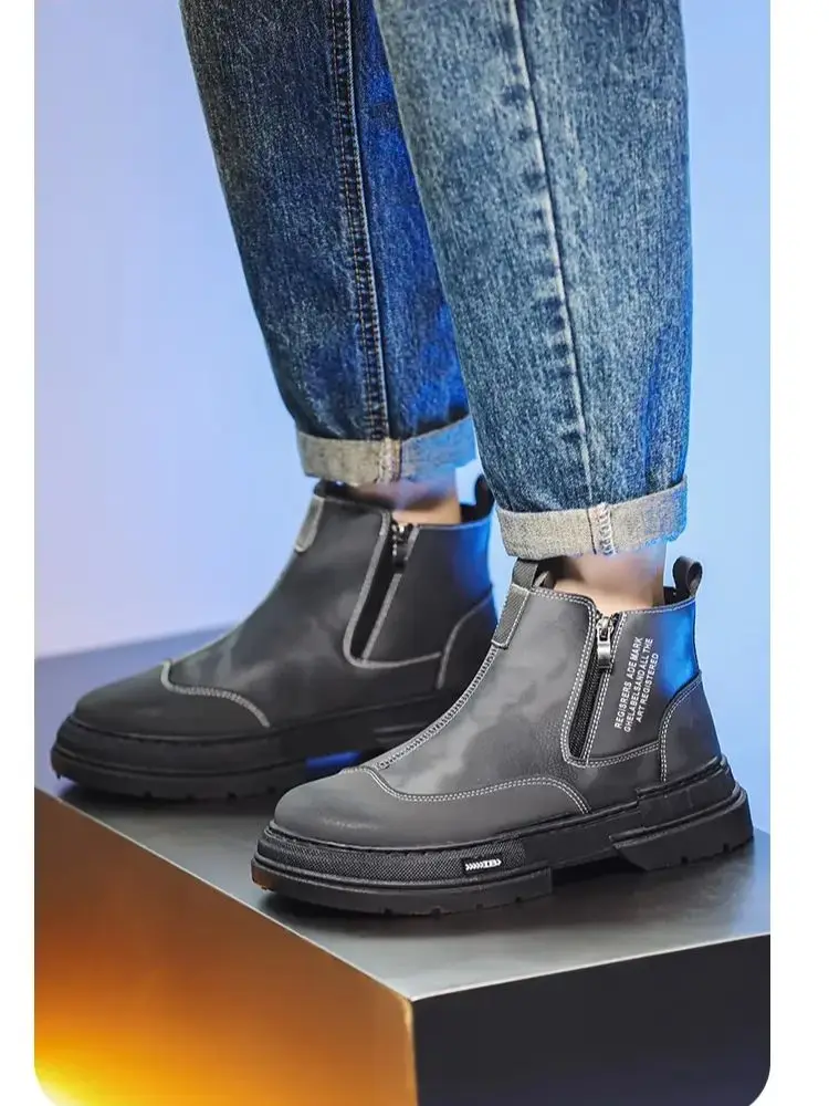 

Мужские демисезонные кожаные высокие рабочие ботинки 2023, ботинки челси на толстой нескользящей подошве и молнии, повседневные кожаные ботинки