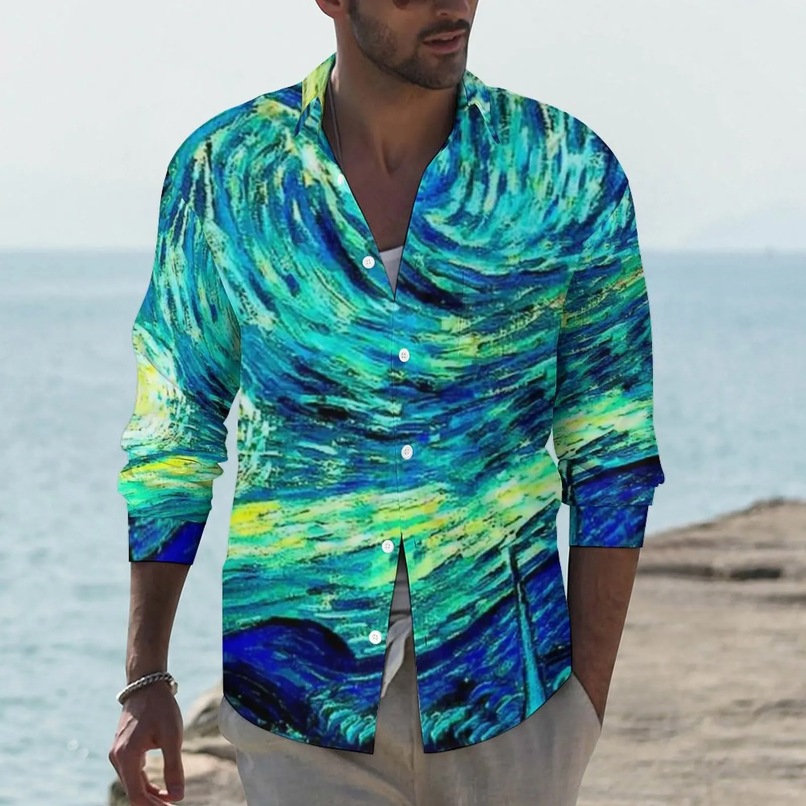 

Mountains Famous Painting Shirt Starry Night Vincent Van Gogh Casual Shirts Custom Streetwear Blouses Fashion Oversized Clothing