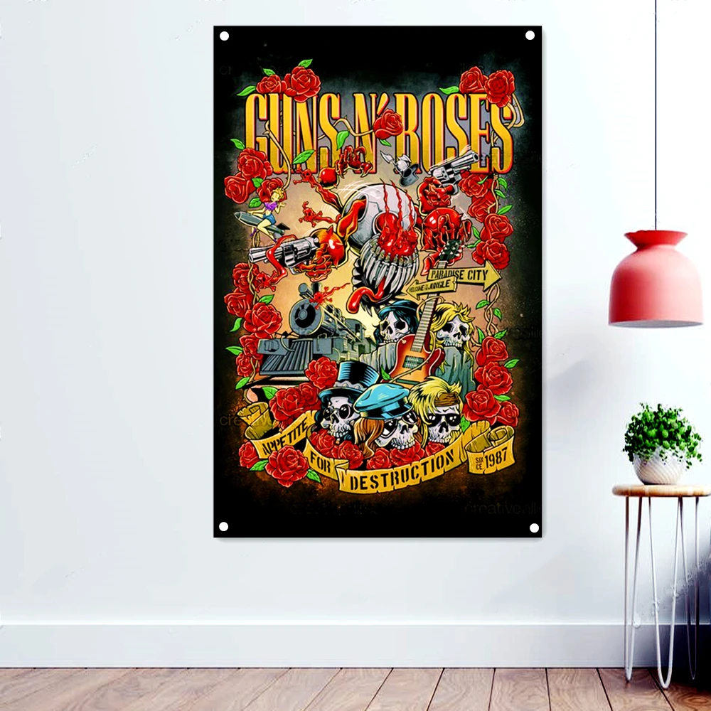 GUNS n'roses-Icono de la banda de Metal pesado, banderas, tapiz, cartel de música Rock, gráfico de pared, tatuajes de Calavera, arte, tela colgante, decoración de pared
