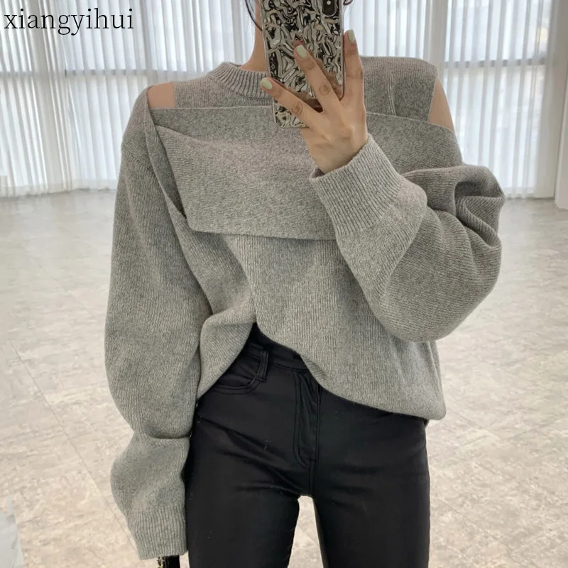 

Korean Casual O-neck Long Sleeve Knitted Pullover Tops Women Black Grey Sweaters Off the Shoulder Knit Jumpers 2022 Winter