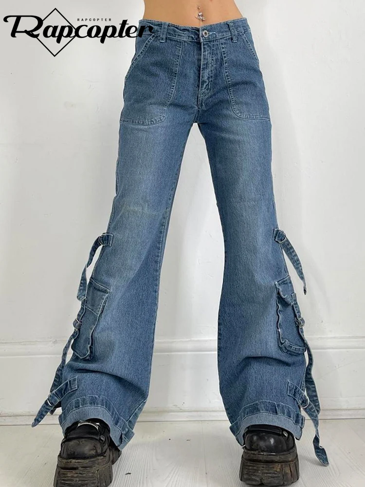 

Rapcopter y2k Blue Bandage Cargo Jeans Vintage Streetwear Aesthetic Punk Pants Women Korean 90s Fashion Flare Jeans Casual New