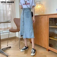 long denim midi for women korean fashion vintage tassels high waist single breasted a line jeans skirt with pockets clothes