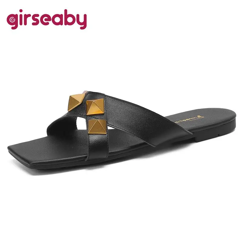 

ALISETO Full Grain Leather Ladies Slippers Mules Square Toe Flats Metal Decoration Large Size 35-42 Female Sandals Daily S3899