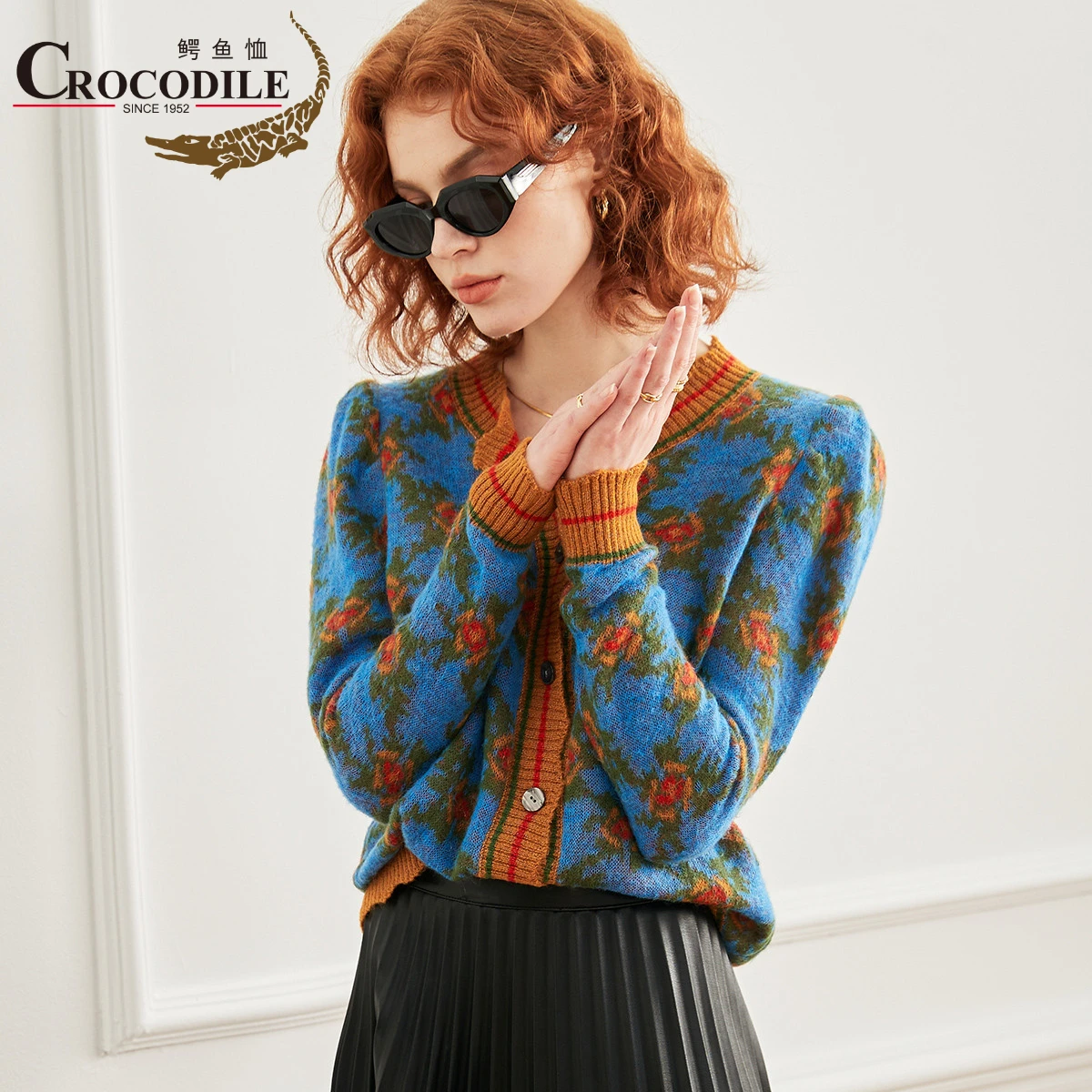 

Crocodile 2022 Aumtumn Winter New-Coming Mohair Knitwears Jacquard Long Sleeve Cardigan Sweater Blue-Gold Color Soft Warm Jumper