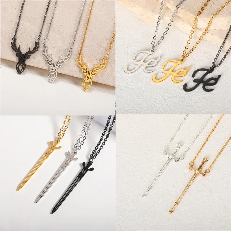 

Cute Elk Deer Antlers Pendant Necklaces Women Stainless Steel Origami Geometric Animal Necklace Men Fashion Sword Letter Jewelry