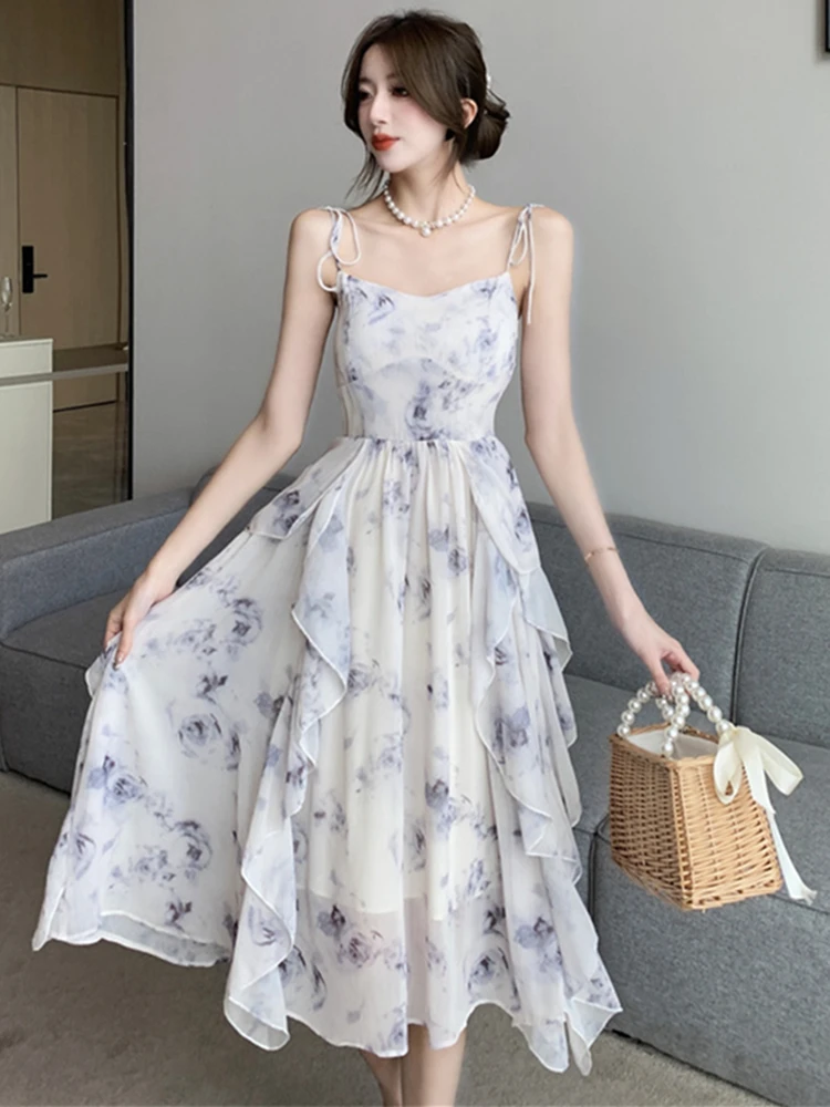 

COIGARSAM Summer Fashion Print Beach Vacation Spaghetti Sleeveles Ruffle Dress Women Elegant One-piece Vestidos Clothes
