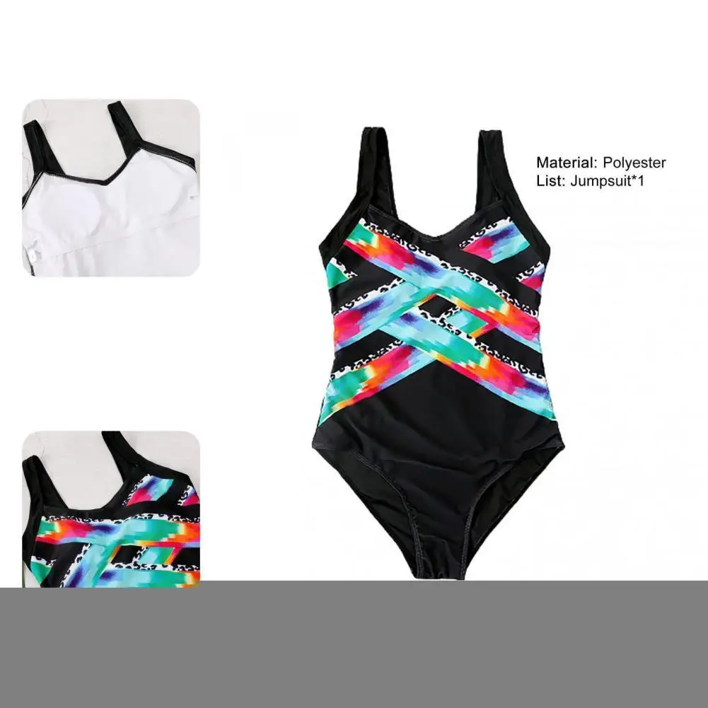 

Lady Monokini Skinny Beachwear Wide Shoulder Straps Color Block Padded Monokini Bodysuit Swimwear for Swimming Pool