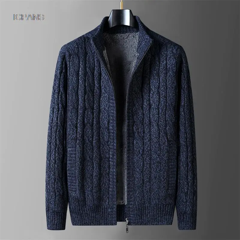 Wool Liner Argyle Jumper  Jacken Korea Khaki Black Fleece Thicken Warm Winter Zipper Sweater Men Cardigan Knitted Clothing