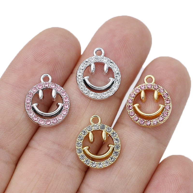 

10Pcs Silver Pink Crystal Smile Face Charm Pendant for Jewelry Making Earrings Bracelet Necklace Accessories DIY Craft 12mm