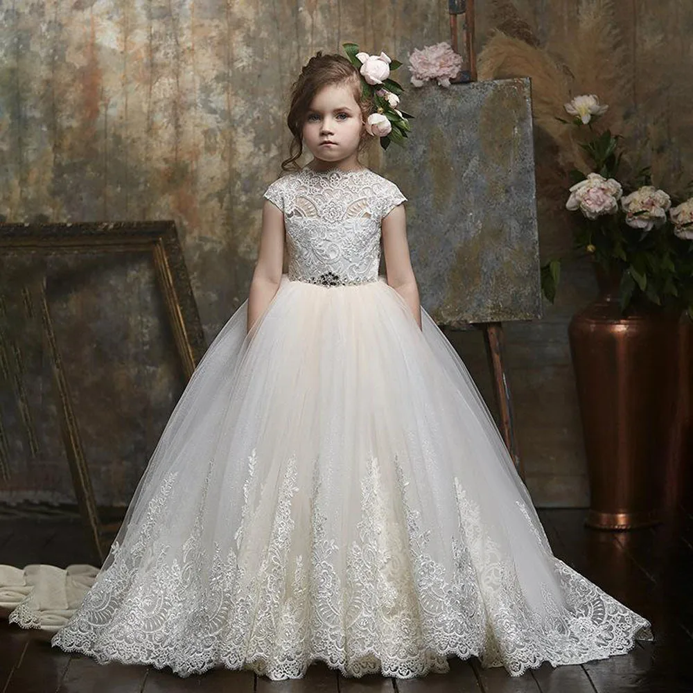 

2022 Flower Girl' Dresses for Weddings Appliques Lace Floor Length Girls Pageant Kids Formal Wear Party Gown First Communion Clo