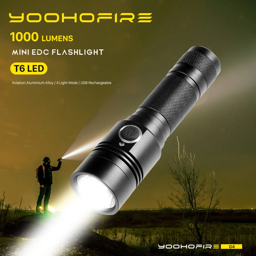 Светодиодный мини-фонарик YoohoFire G4, USB Перезаряжаемый фонарик T6, фитиль, карманный портативный мощный фонарик для кемпинга, аварийное наружно...