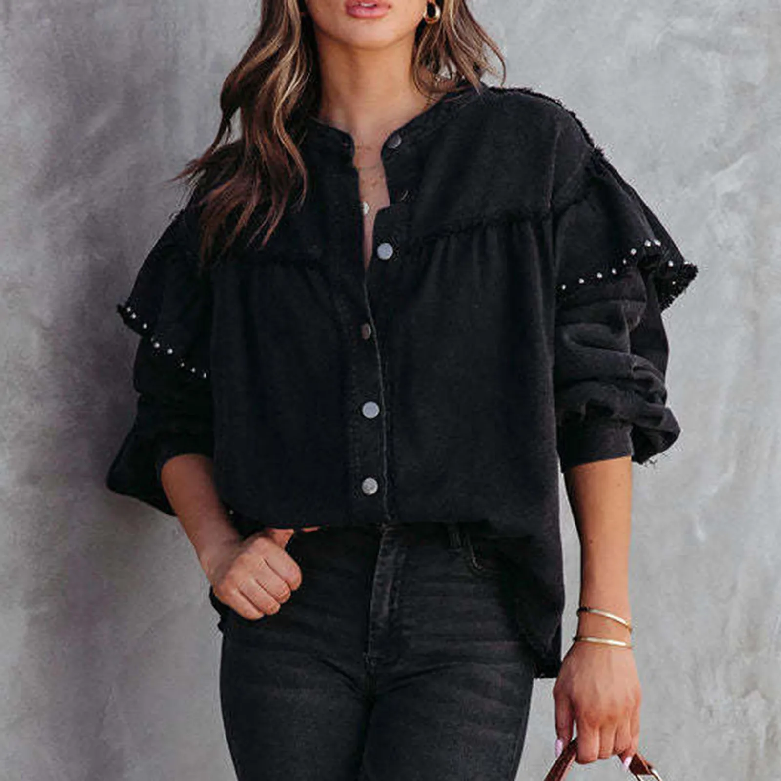 

Womens' Long Sleeve Street Style Stud Sleeve Denim Jacket With Washed Edges And Ruffle Sleeves Loose Ladies Jackets Sleeveless