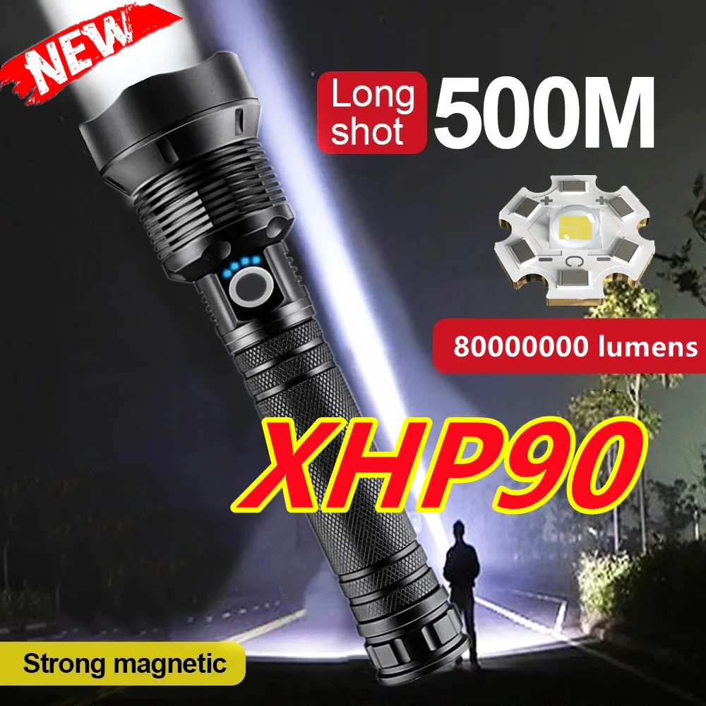 

NEW Bright Flashlight XHP90 USB Rechargeable 18650 Flash Light LED Zoom Torch Outdoor Lantern Tactical Portable Waterproof Lamp