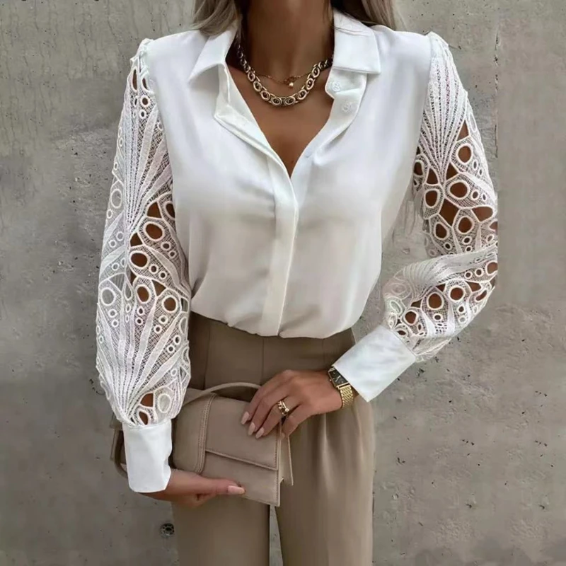 

2023 Women Shirt Patchwork Hollow Out Long Sleeve Blouse O-Neck Mesh Design Tops 2X Spring White Blouse Elegant Button Shirt Top
