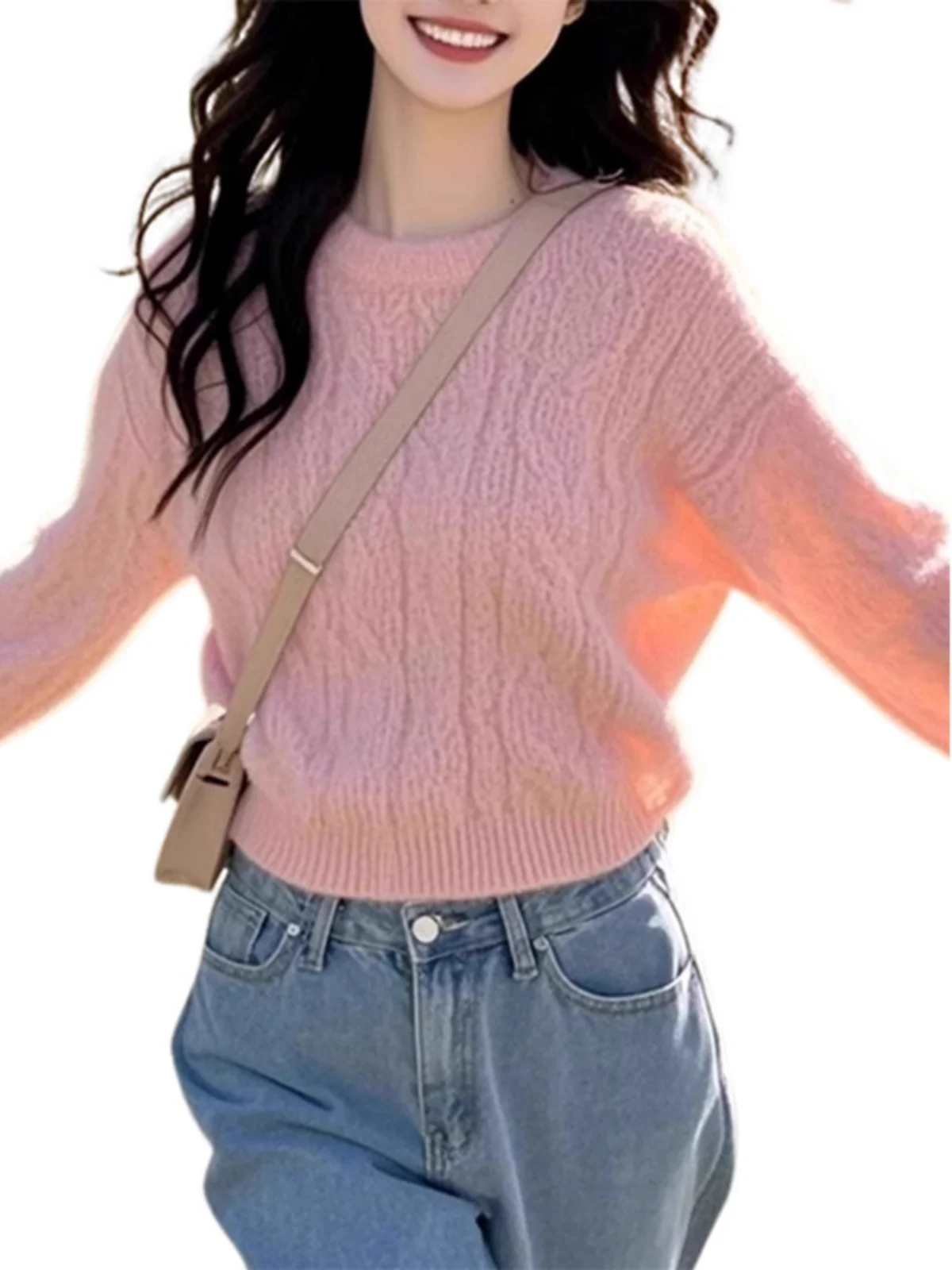 Французский сладкий розовый пуловер с круглым вырезом женский осенне-зимний