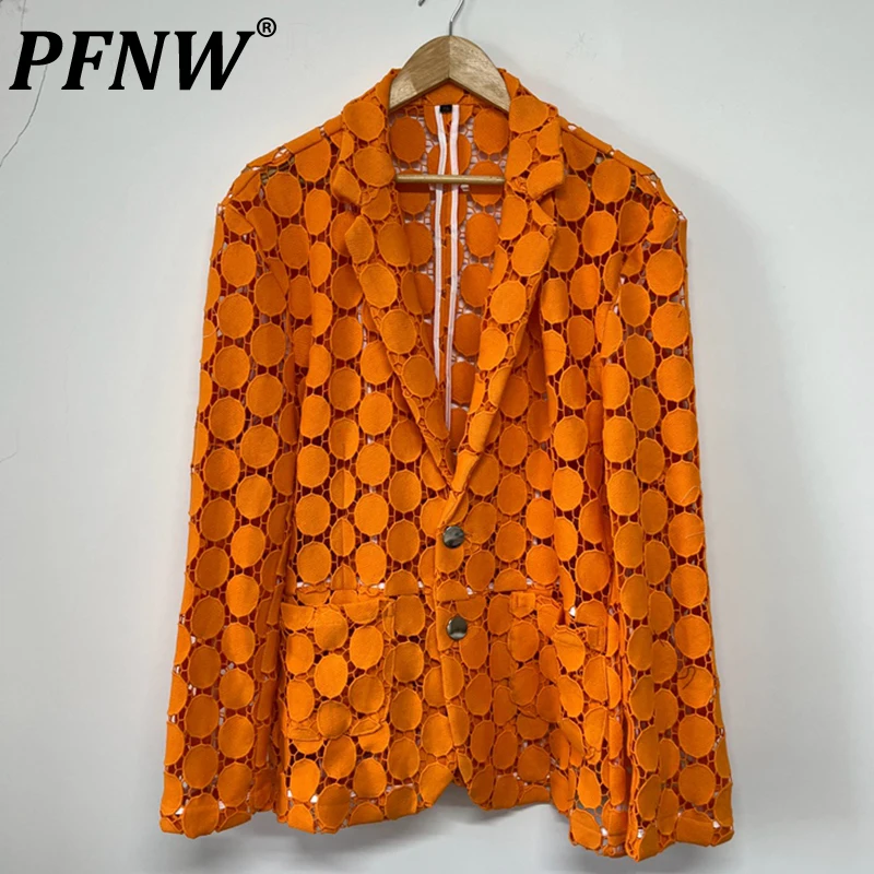 

PFNW Summer Men's Original Embroidery Perspective Suit Coat Tide Hollowed Out Dot Niche Solid Color Simple Trendy Tops 12Z1484