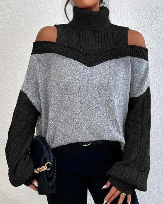 

Women's Colorblock Sweater 2023 Autumn and Winter Cold Shoulder Sweater Warm Pullover Lantern Sleeve Knitted Sweater Famale