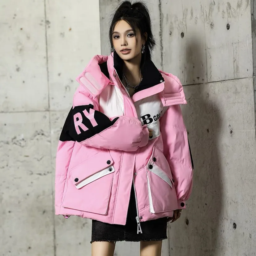 2023 Winter Patchwork Color Contrast Work Down Coat Women's Thicken Hooded Fashion Down Jacket Female Loose Waterproof Ski Suits