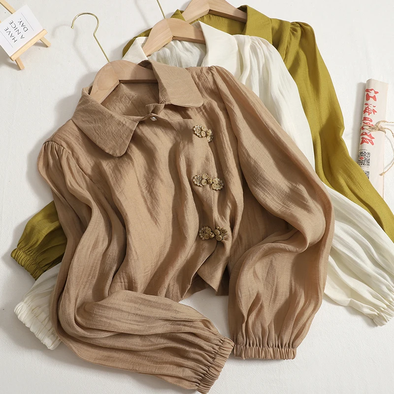 

Hikigawa Chic Fashion Women Tops Vintage Elegant Solid Turn Down Collar Puff Long Sleeve Casual Shirts Sweet Slim Fit Top Mujer