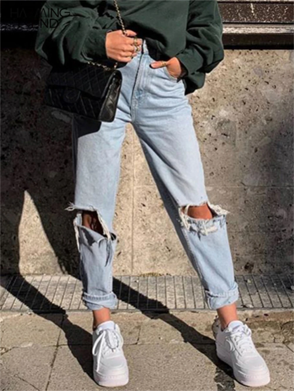

Charmingtrend Woman Jeans High Waist Pencil Pants Fashion Harajuku Streetwear Holes Sexy Hollow Out Jeans Female
