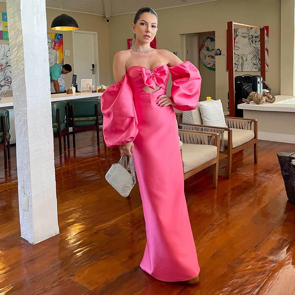 

Satin Prom Gown Straight Backless Off Shoulder Sweetheart Neck Long Sleeve Evening Dresses Romantic Bow vestidos de gala
