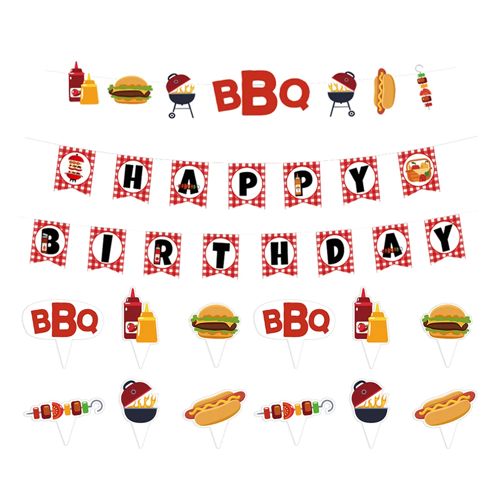 

1 Set Birthday Banner BBQ Theme Banner Cake Topper Barbecue Party Decoration