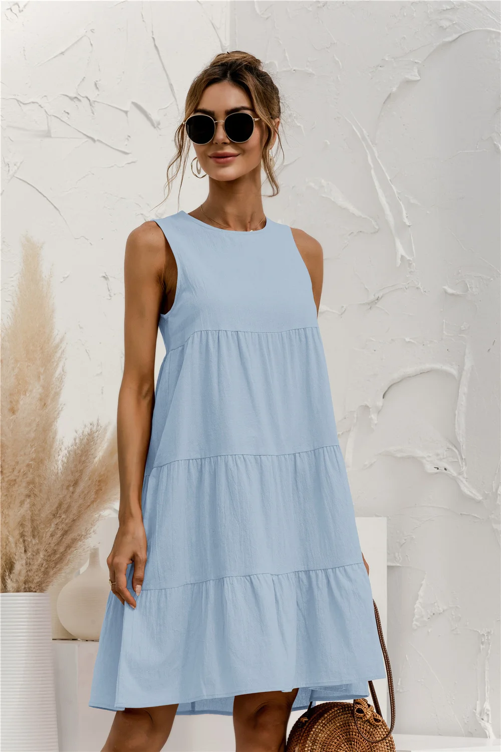 

2023 Summer Women Vest Dress Cotton O-Neck Sleeveless Solid Midi Stitching Large Swing Casual Loose Sundress Vestidos