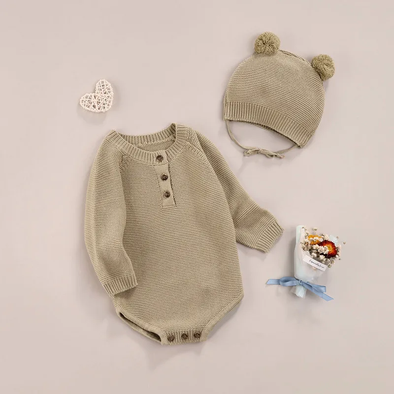 

Newborn Baby Girl Boy Bodysuit Clothes Solid Color Outfits Baby Long Sleeve Round Neck Knit Playsuit Tie-up Cap with Pom Poms