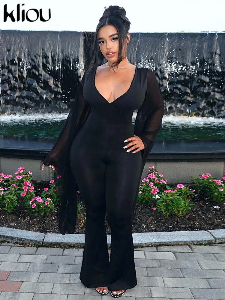 Женский сетчатый комбинезон длиной до щиколотки с V-образным вырезом