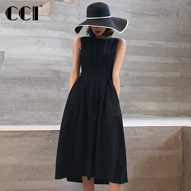 

CCI 2022 Fashion Women Black White O-neck Sleeveless Dresses Elegant Party Casual Temperament Waist Mid-Length Sundress WQ031