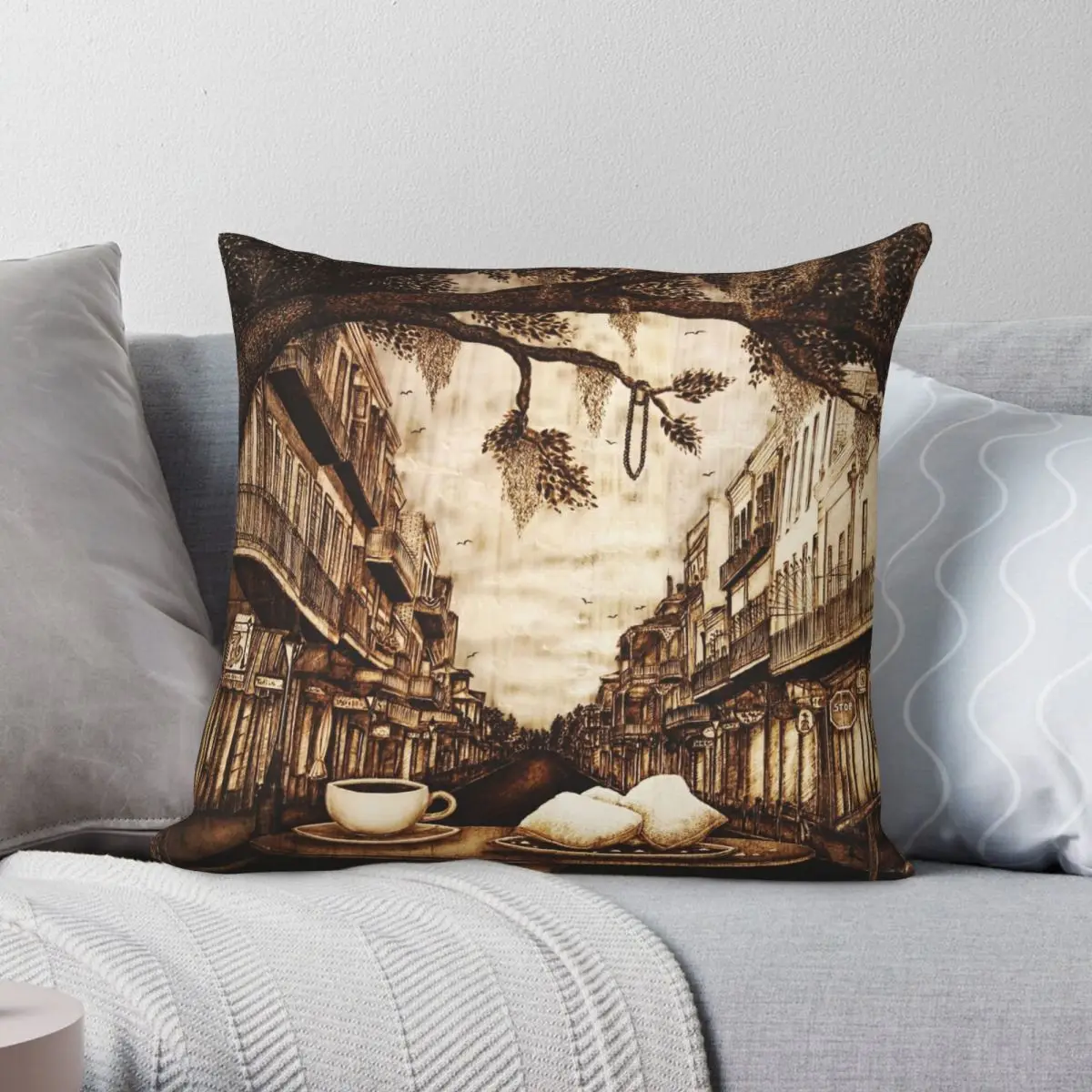 

Petit Dejeuner A La New Orleans Square Pillowcase Polyester Linen Velvet Creative Zip Decor Pillow Case Home Cushion Case
