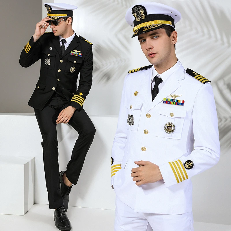 

US Navy Military Uniform Yacht Captain Suit Dinner Costume Military Army Soldiers Clothes Militaries Jacket Pant Hat Set