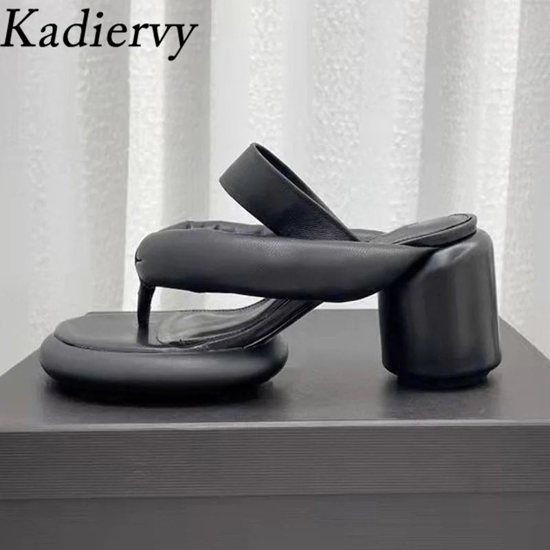

Flip Flops Genuine Leather Thick Sole Mules High Heels Women Summer Slides Woman Round Heels Slippers Women Zapatillas Mujer