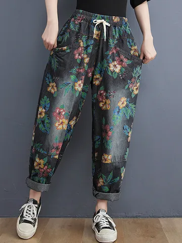 Джинсы женские оверсайз с высокой талией, повседневные свободные винтажные штаны из денима с цветочным принтом, брюки-султанки, весна-лето-осень 2024