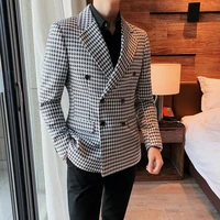 2022 high quality men blazers double breasted houndstooth business casual suit jacket british wedding social slim dress coat 3xl