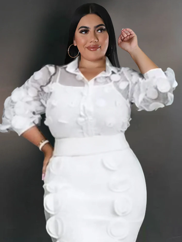White Plus Size Tops Turn Down Collar Sexy See Through Dot Half Sleeve Sexy Shirts for Women Evening Club Party Blouses 3XL 4XL