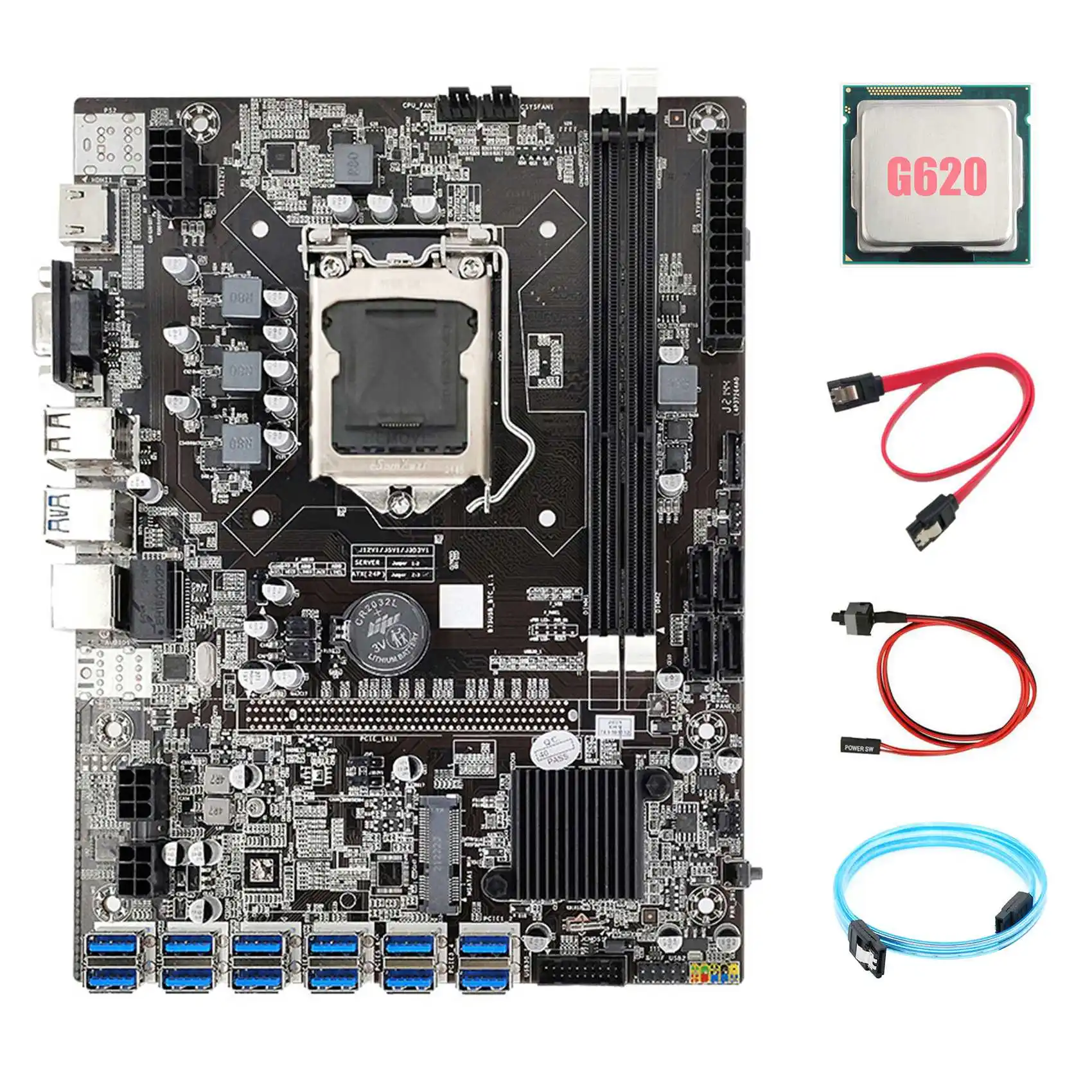 B75 ETH Miner Motherboard 12 PCIE to USB+G620 CPU+SATA3.0 Serial Port Cable+SATA Cable+Switch Cable LGA1155 Motherboard