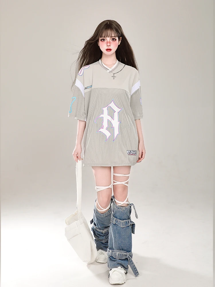 Американская футболка Y2g Gyaru контрастного цвета в стиле пэчворк сетчатая с