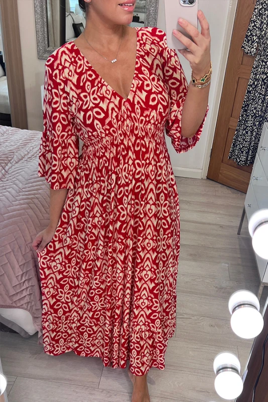 

Bohemian Casual Print V-neck Elasticated Waist Wrap Long Dress Summer Vintage Mosaic Print Maxi Dress Loose Frill Sleeve Chiffon