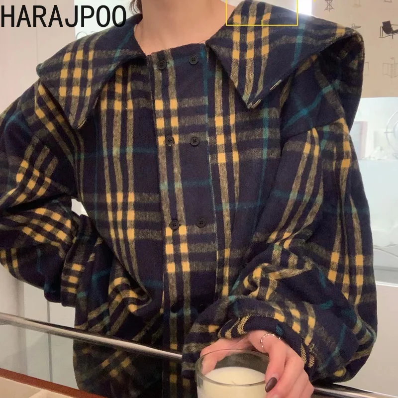 

Женский топ Harajpoo, желтая, синяя клетчатая уличная одежда, повседневная куртка, весна-осень 2022, новая темно-синяя рубашка с длинным рукавом и ...